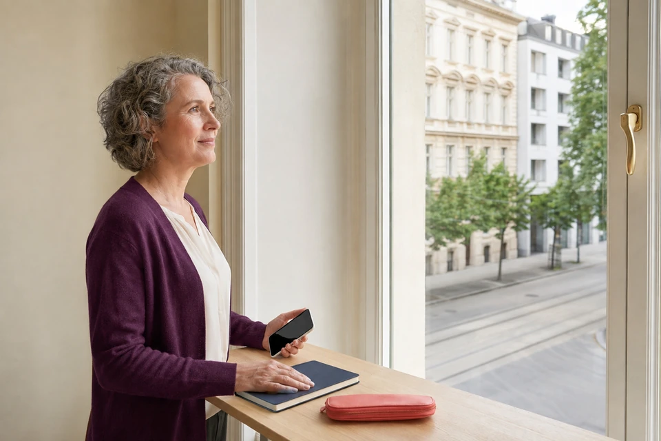 Symbolische Vorbereitung eines Gesprächstermins mit Blick auf eine Stadtstraße.